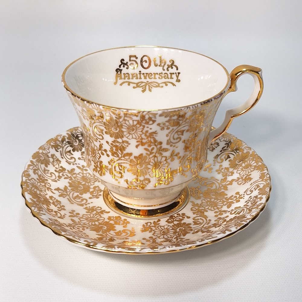Vintage Gold Gilt Royal Windsor Bone China Teacup & Saucer 50th Anniversary